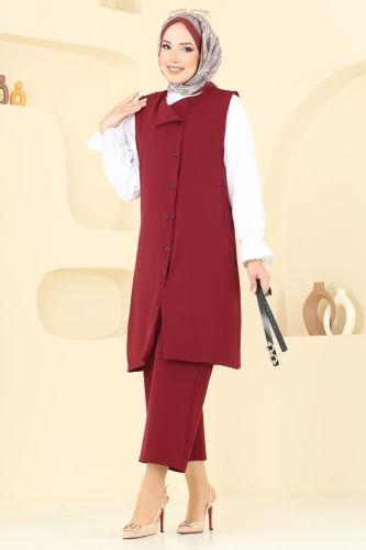 moda selvim Kemerli Üçlü Tesettür Takım 1349MP806 Bordo - Thumbnail