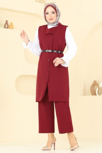 moda selvim Kemerli Üçlü Tesettür Takım 1349MP806 Bordo - Thumbnail