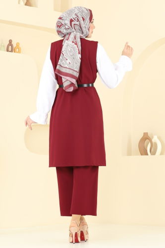 moda selvim Kemerli Üçlü Tesettür Takım 1349MP806 Bordo - Thumbnail
