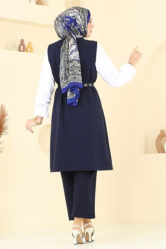 moda selvim Kemerli Üçlü Tesettür Takım 1349MP806 Laci - Thumbnail