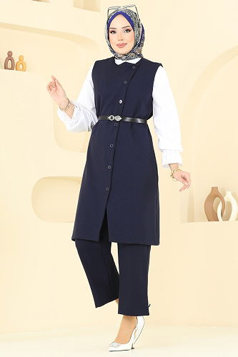 moda selvim Kemerli Üçlü Tesettür Takım 1349MP806 Laci - Thumbnail