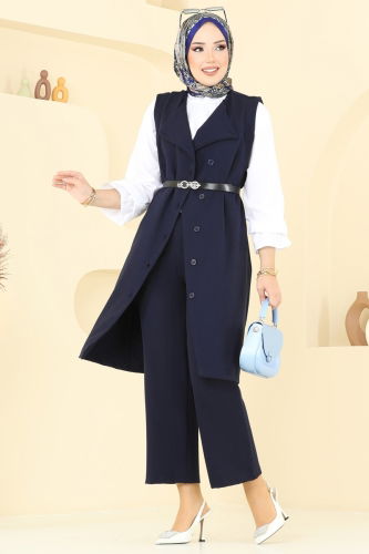 moda selvim Kemerli Üçlü Tesettür Takım 1349MP806 Laci - Thumbnail