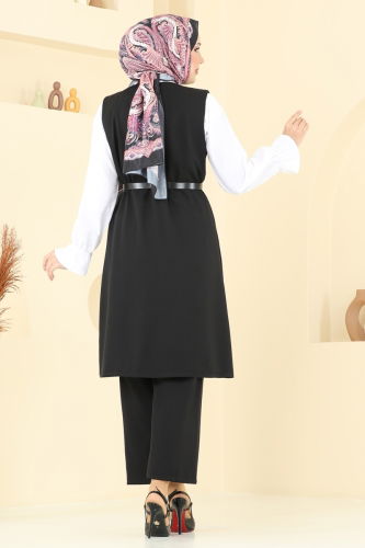 moda selvim Kemerli Üçlü Tesettür Takım 1349MP806 Siyah - Thumbnail