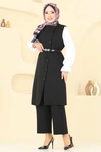 moda selvim Kemerli Üçlü Tesettür Takım 1349MP806 Siyah - Thumbnail