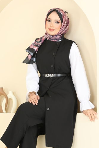 moda selvim Kemerli Üçlü Tesettür Takım 1349MP806 Siyah - Thumbnail