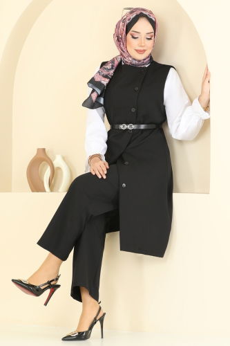 moda selvim Kemerli Üçlü Tesettür Takım 1349MP806 Siyah - Thumbnail
