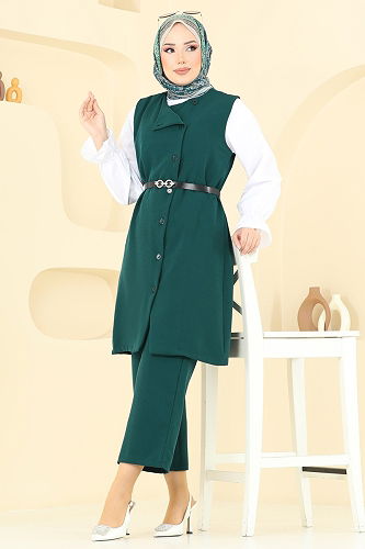 moda selvim Kemerli Üçlü Tesettür Takım 1349MP806 Zümrüt - Thumbnail