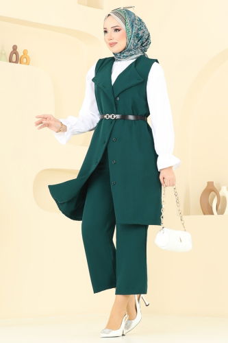 moda selvim Kemerli Üçlü Tesettür Takım 1349MP806 Zümrüt - Thumbnail