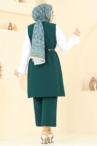 moda selvim Kemerli Üçlü Tesettür Takım 1349MP806 Zümrüt - Thumbnail