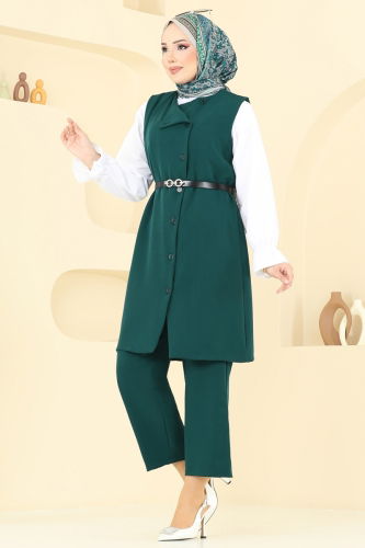 moda selvim Kemerli Üçlü Tesettür Takım 1349MP806 Zümrüt - Thumbnail