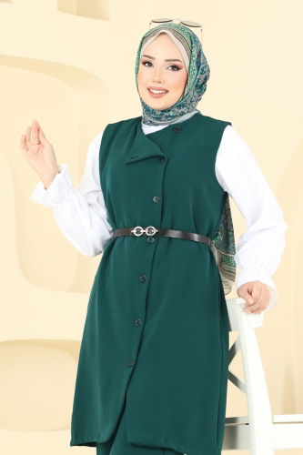moda selvim Kemerli Üçlü Tesettür Takım 1349MP806 Zümrüt - Thumbnail