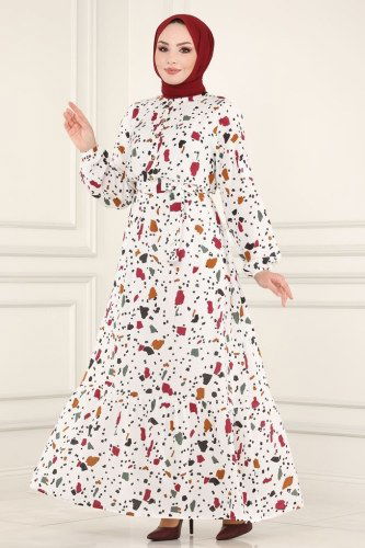 moda selvim Beli Lastikli Viskon Elbise 1092BG354 Ekru - Thumbnail