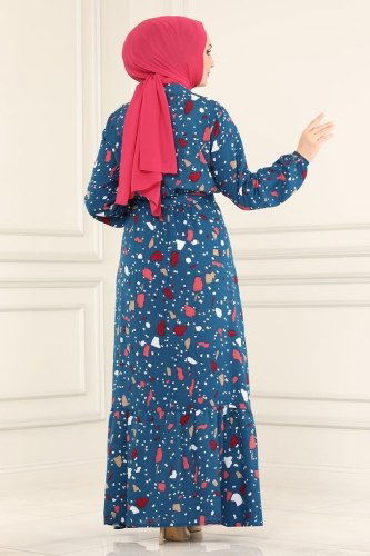 moda selvim Beli Lastikli Viskon Elbise 1092BG354 İndigo - Thumbnail