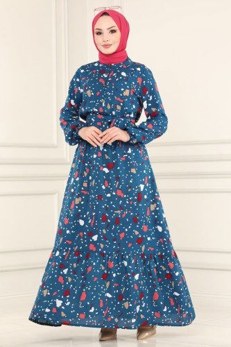 moda selvim Beli Lastikli Viskon Elbise 1092BG354 İndigo - Thumbnail