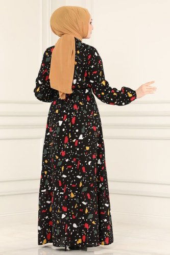 moda selvim Beli Lastikli Viskon Elbise 1092BG354 Siyah - Thumbnail