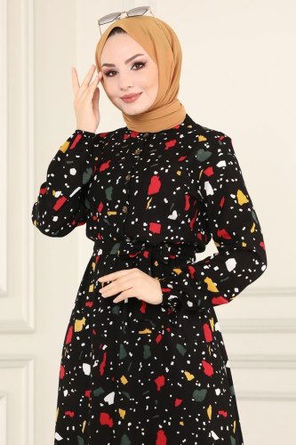 moda selvim Beli Lastikli Viskon Elbise 1092BG354 Siyah - Thumbnail