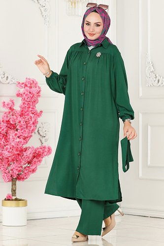 moda selvim Kemerli Viskon Takım 1080BRZ597 Zümrüt - Thumbnail