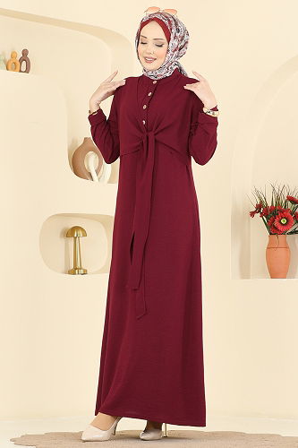 moda selvim Kendinden Bağcıklı Aerobin Elbise PL9206 Bordo - Thumbnail