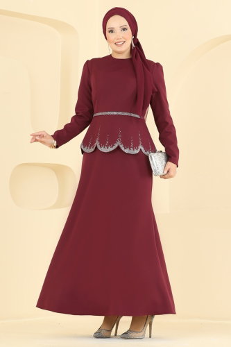 A.S.M. - Kendinden Kemerli Taşlı Abiye ASM2865 Bordo