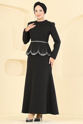 moda selvim Kendinden Kemerli Taşlı Abiye ASM2865 Siyah - Thumbnail