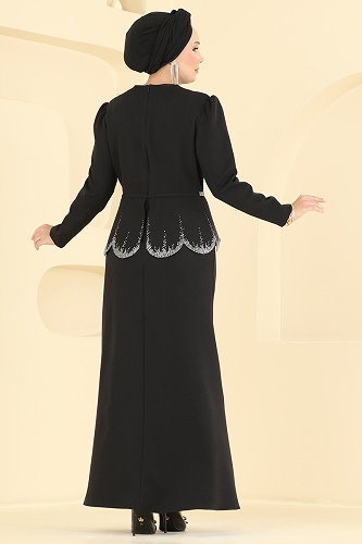 moda selvim Kendinden Kemerli Taşlı Abiye ASM2865 Siyah - Thumbnail