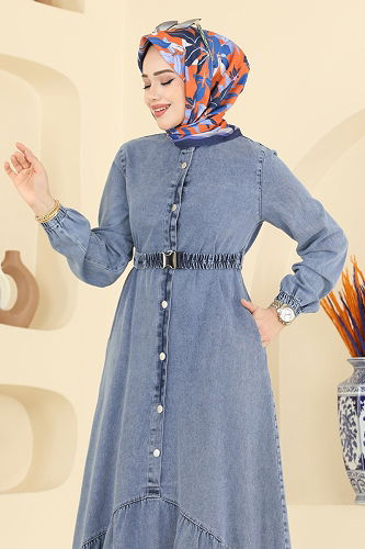 moda selvim Kilit Kemerli Kot Elbise 6135ORG1169 Açık Kot - Thumbnail