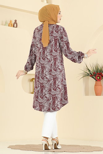 moda selvim Kırçıl Desenli Viskon Tunik 2004ERK1158 Bordo - Thumbnail
