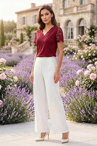moda selvim Kısa Kollu Dantelli Bluz 72423JNT1202 Bordo - Thumbnail