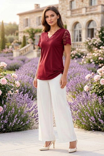 J.N.T. - Kısa Kollu Dantelli Bluz 72423JNT1202 Bordo