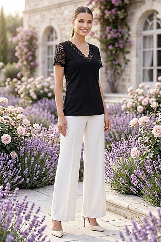 moda selvim Kısa Kollu Dantelli Bluz 72423JNT1202 Siyah - Thumbnail