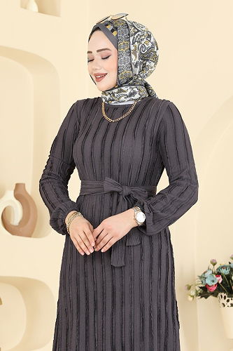 moda selvim Klasik Çizgili Uzun Elbise 726PM271 Antrasit - Thumbnail