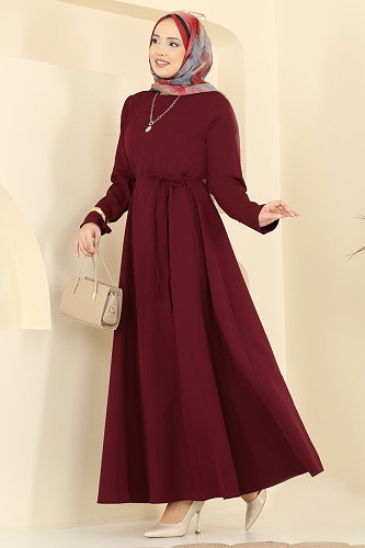 moda selvim Kloş Kesim Dabıl Elbise 24034UKB139 Bordo - Thumbnail