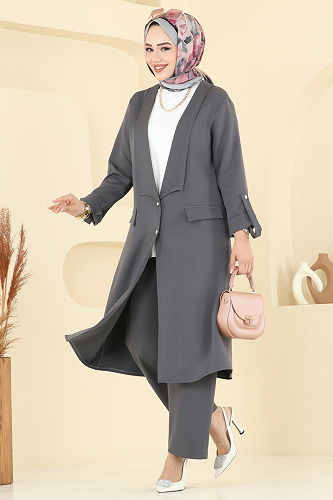 moda selvim Kol Apolet Detaylı Takım 9163PLK541 Antrasit - Thumbnail