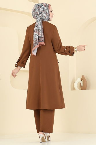 moda selvim Kol Apolet Detaylı Takım 9163PLK541 Taba - Thumbnail