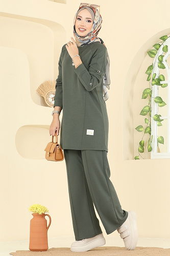 moda selvim Kol Düğme Detaylı Modal Takım 2731AYD574 Haki - Thumbnail