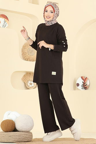 moda selvim Kol Düğme Detaylı Modal Takım 2731AYD574 Kahve - Thumbnail