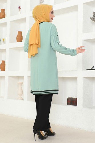 moda selvim Kolları Aksesuar Düğmeli Takım 2439SL432 Mint&Siyah - Thumbnail