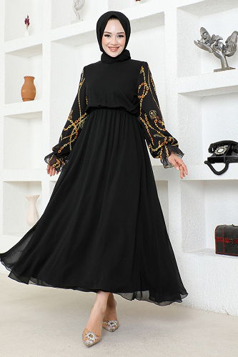 moda selvim Kolları Desenli Şifon Elbise END5589-M Gold - Thumbnail