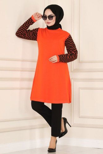 moda selvim Kolları Desenli Triko Tunik 555MT581 Oranj - Thumbnail
