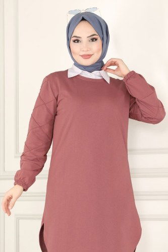 moda selvim Kolları Dikiş Detaylı Tunik 5998AYD574 Gül Kurusu - Thumbnail
