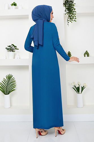 moda selvim Kolları Düğme Detaylı Elbise 10006ETT902-M İndigo - Thumbnail