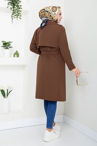 moda selvim Kolları Düğmeli Detaylı Trençkot 16117BSK984-M Kahve - Thumbnail