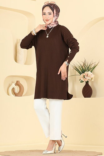 moda selvim Kolları Düğmeli Merserize Tunik 3170NVX1208 Acı Kahve - Thumbnail