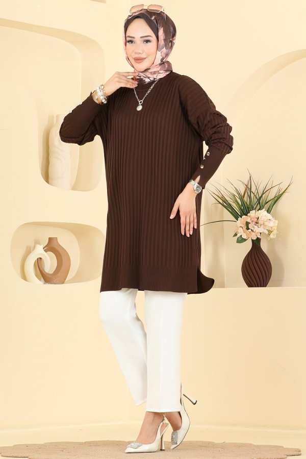 Modaselvim Tunik Kolları Düğmeli Merserize Tunik 3170NVX1208 Acı Kahve
