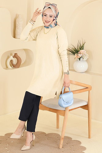 moda selvim Kolları Düğmeli Merserize Tunik 3170NVX1208 Krem - Thumbnail