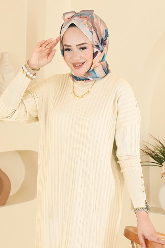 moda selvim Kolları Düğmeli Merserize Tunik 3170NVX1208 Krem - Thumbnail