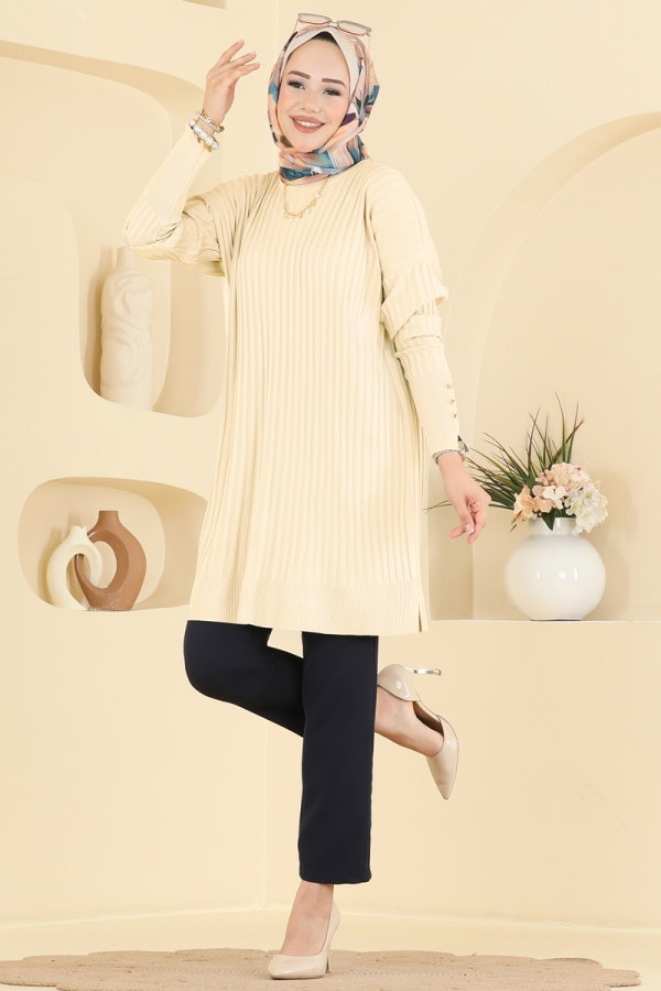 Modaselvim Tunik Kolları Düğmeli Merserize Tunik 3170NVX1208 Krem