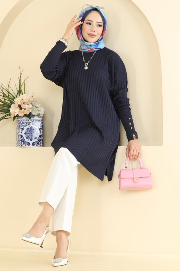 Modaselvim Tunik Kolları Düğmeli Merserize Tunik 3170NVX1208 Laci