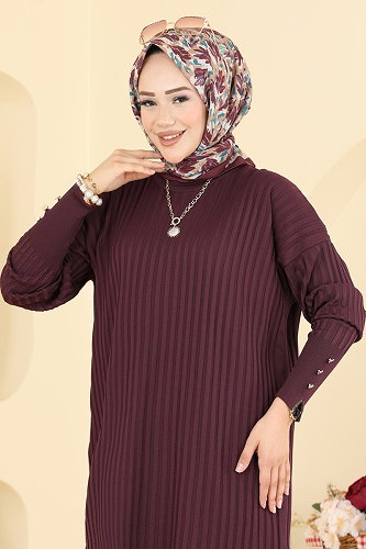 moda selvim Kolları Düğmeli Merserize Tunik 3170NVX1208 Mürdüm - Thumbnail