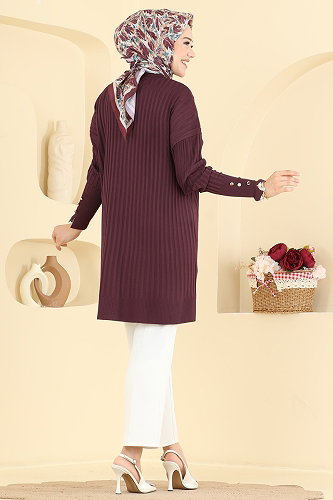 moda selvim Kolları Düğmeli Merserize Tunik 3170NVX1208 Mürdüm - Thumbnail